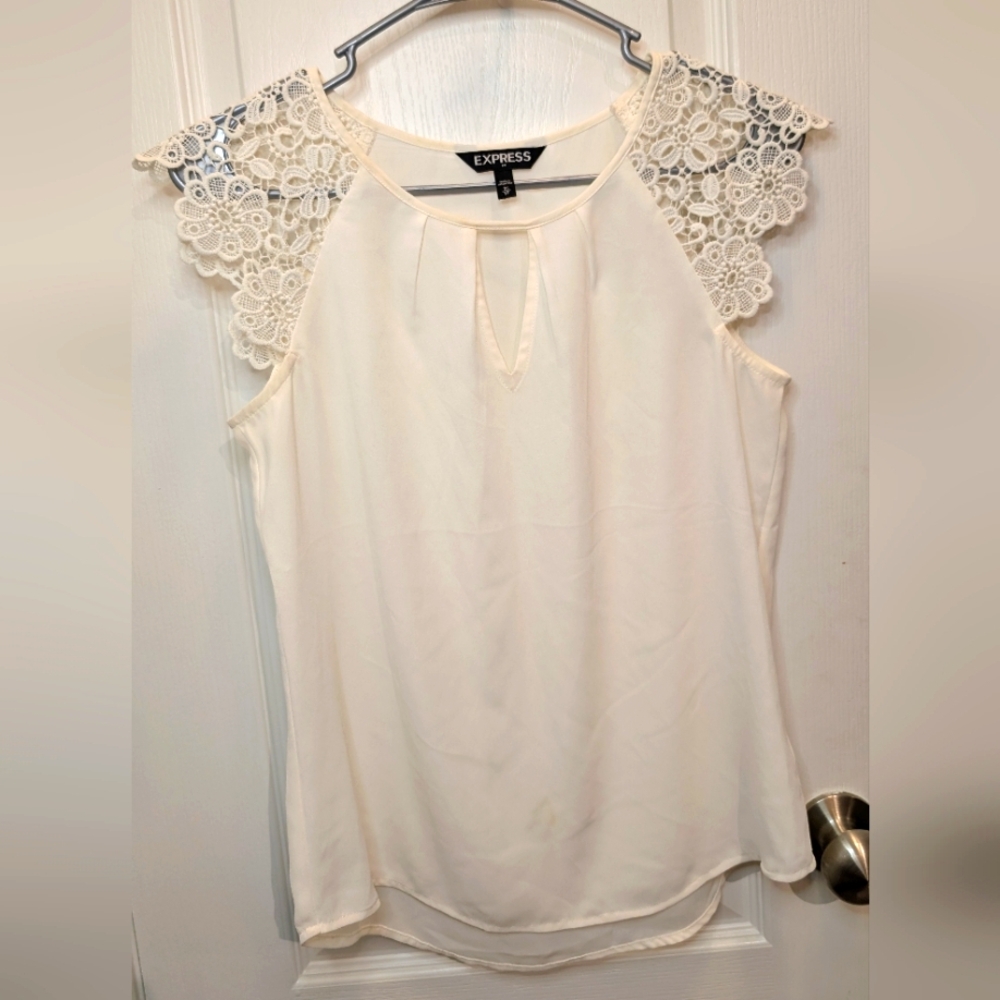 Women's Express White Blouse Lace Shoulder XS